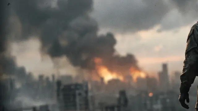 Smoke rising over the ruined towers of the city