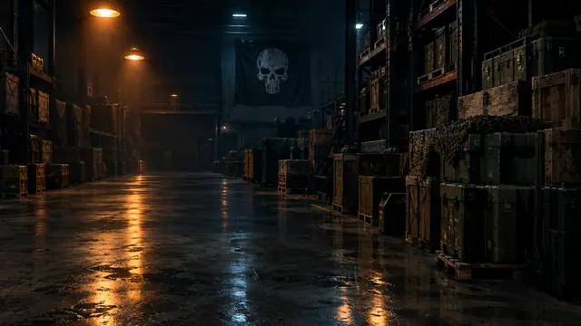 A dark warehouse stacked with supply crates under a skull banner