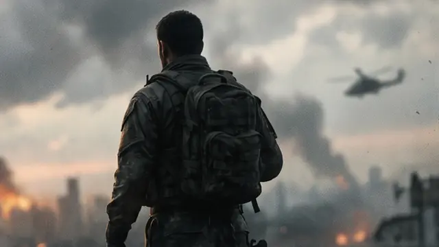 A soldier on a wet rooftop looking over the burning skyline