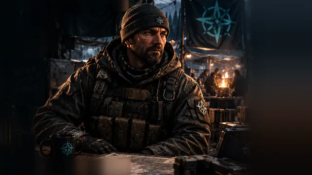 A weathered vendor seated at a map table in a lantern-lit camp
